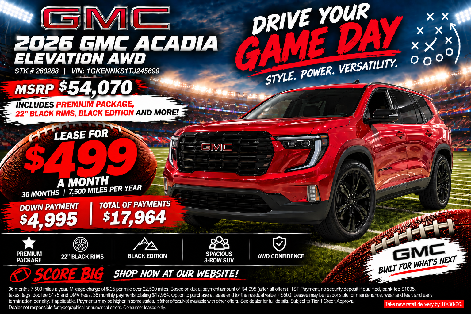 Advertisement for a blue 2026 GMC Sierra 1500 Elevation Crew Cab 4WD, stock #260191: leased for $649 a month for 39 months at 10,000 miles a year, MSRP $69,335, with Premium package, sunroof, X31 off-road package, MultiPro tailgate, and 3.0L turbo-diesel engine, no termination fee at maturity, from Van Buren GMC