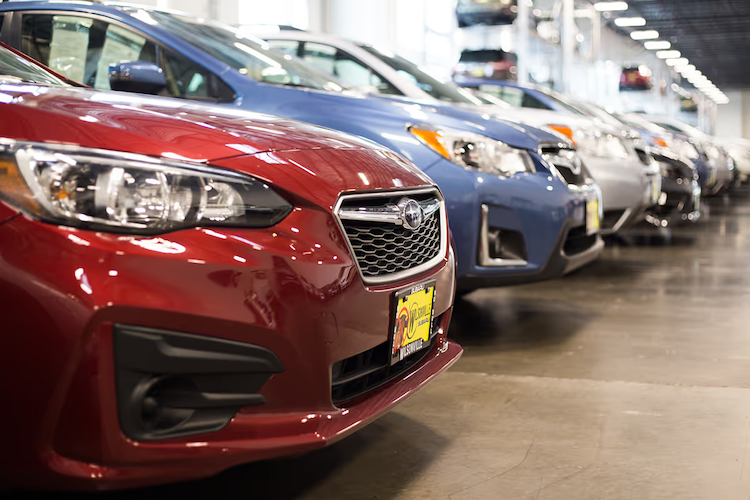 Row of new Subaru vehicles in the Wilsonville Subaru showroom