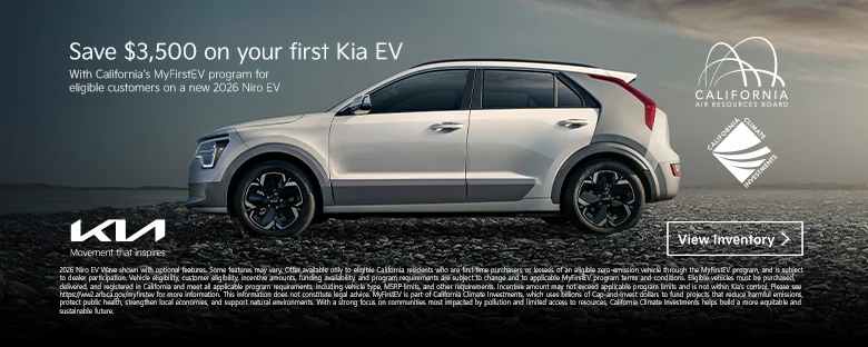 Save $3,500 on a new 2026 Kia Niro EV through California's MyFirstEV program for eligible first-time EV buyers.