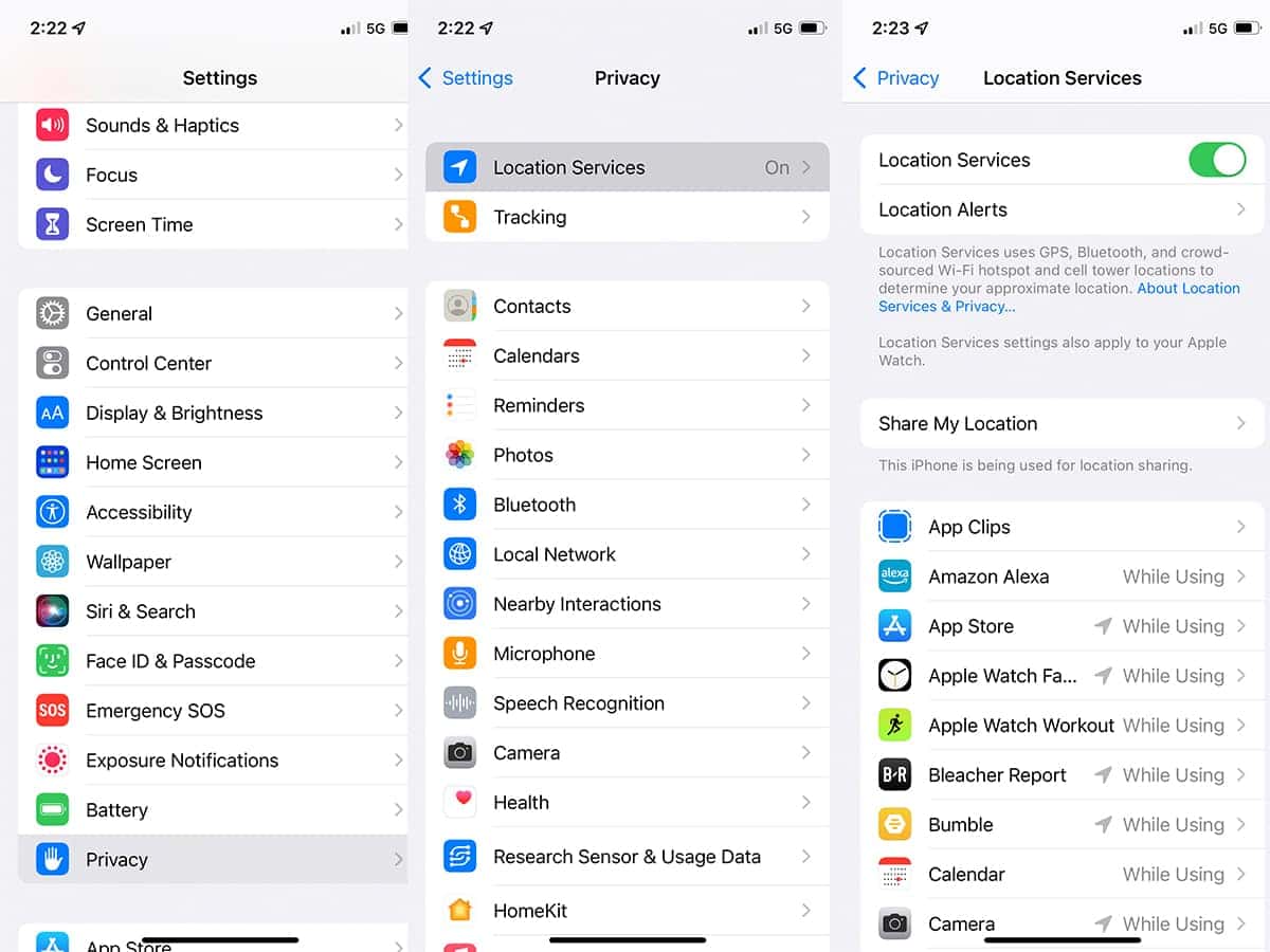 iPhone Settings screens for turning on Location Services
