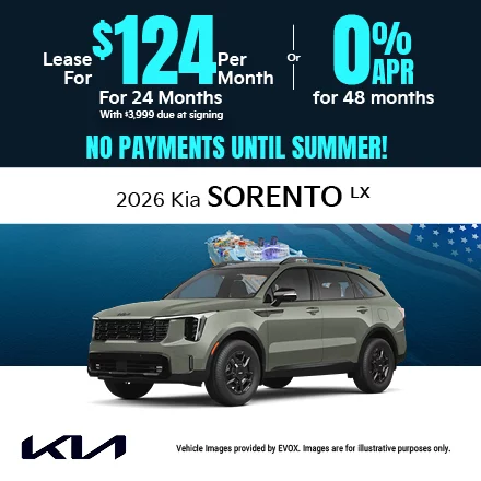 2026 Kia Sorento LX Lease for $124 per month with $5,999 due at signing Or 0.0% APR for 48 months