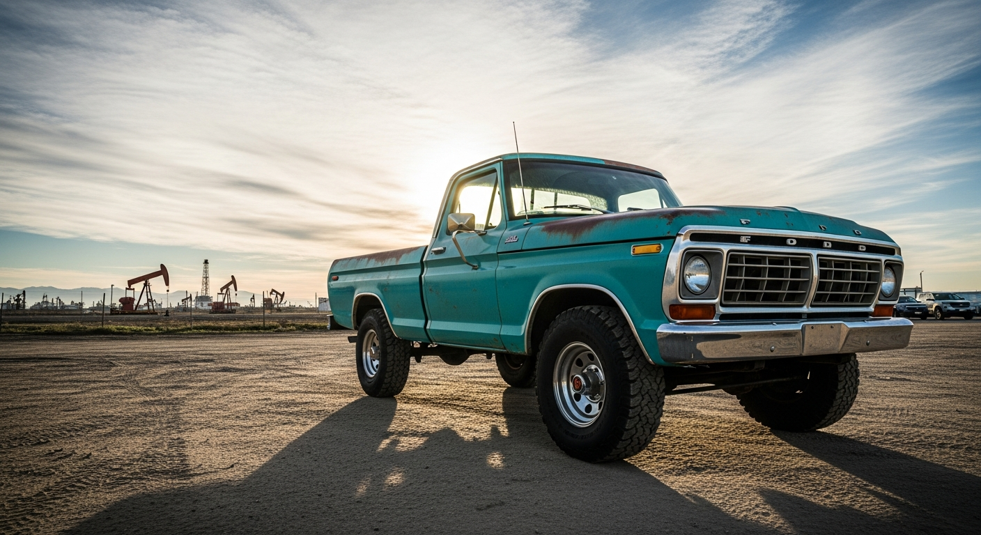 Row of used pickup trucks at sunset in Bakersfield