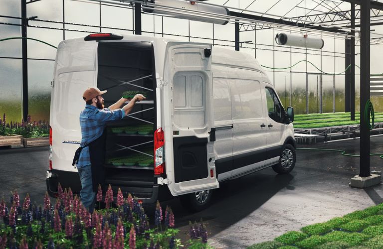 Man Putting Plants on Shelves in Back of Ford E-Transit