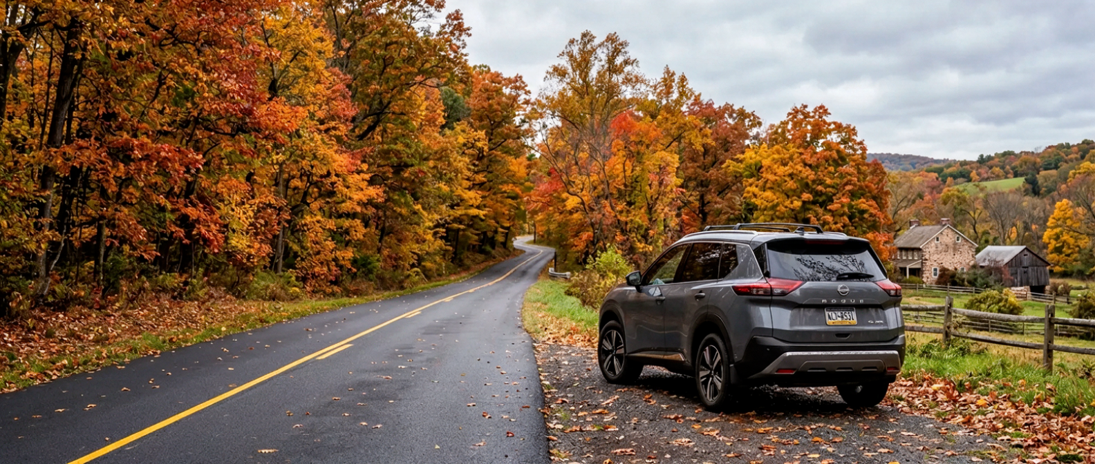 2026 Nissan Rogue on a tree-lined Bucks County township road in fall