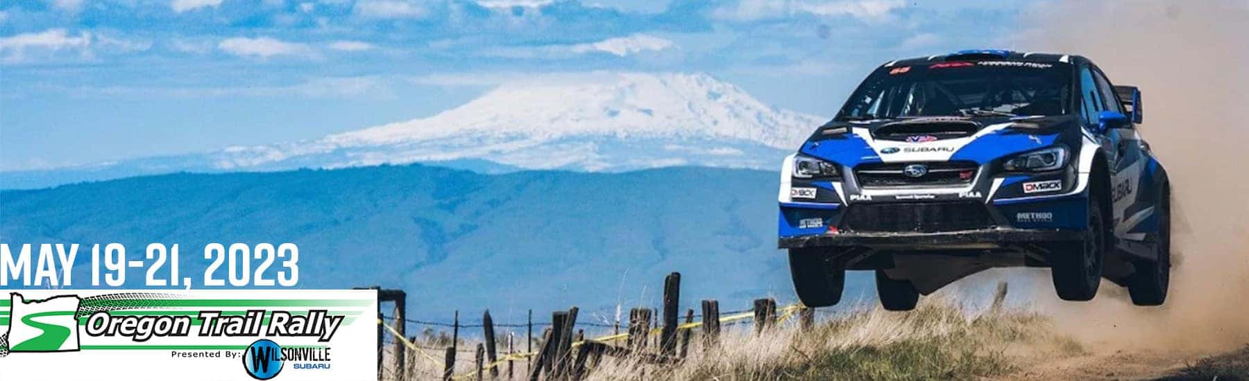 Oregon Trail Rally May 19-21, 2023, with a Subaru rally car in the air