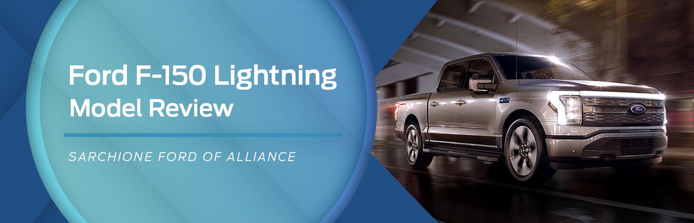 Ford F-150 Lightning model review with image of silver, blue and red ford Lightning trucks