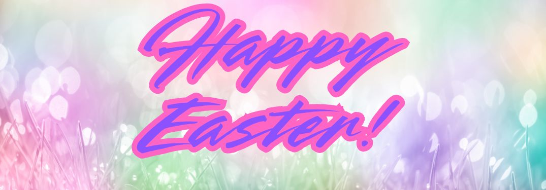 Pastel Colored Grass Background with Pink and Purple Happy Easter Text