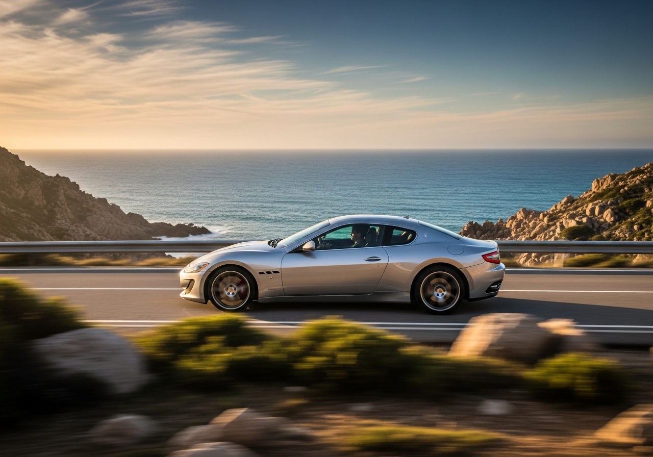 Maserati GranTurismo driving on a coastal road
