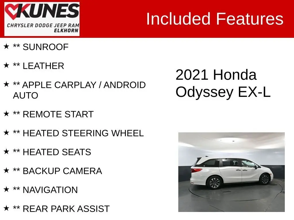 Used 2021 Honda Odyssey EX-L with VIN 5FNRL6H79MB017986 for sale in Elkhorn, WI