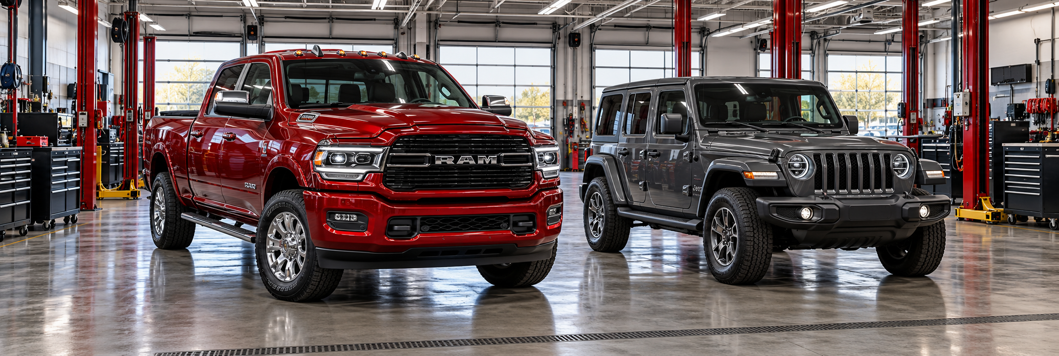 Illustration of a red Ram pickup and gray Jeep Wrangler in an automotive service bay.