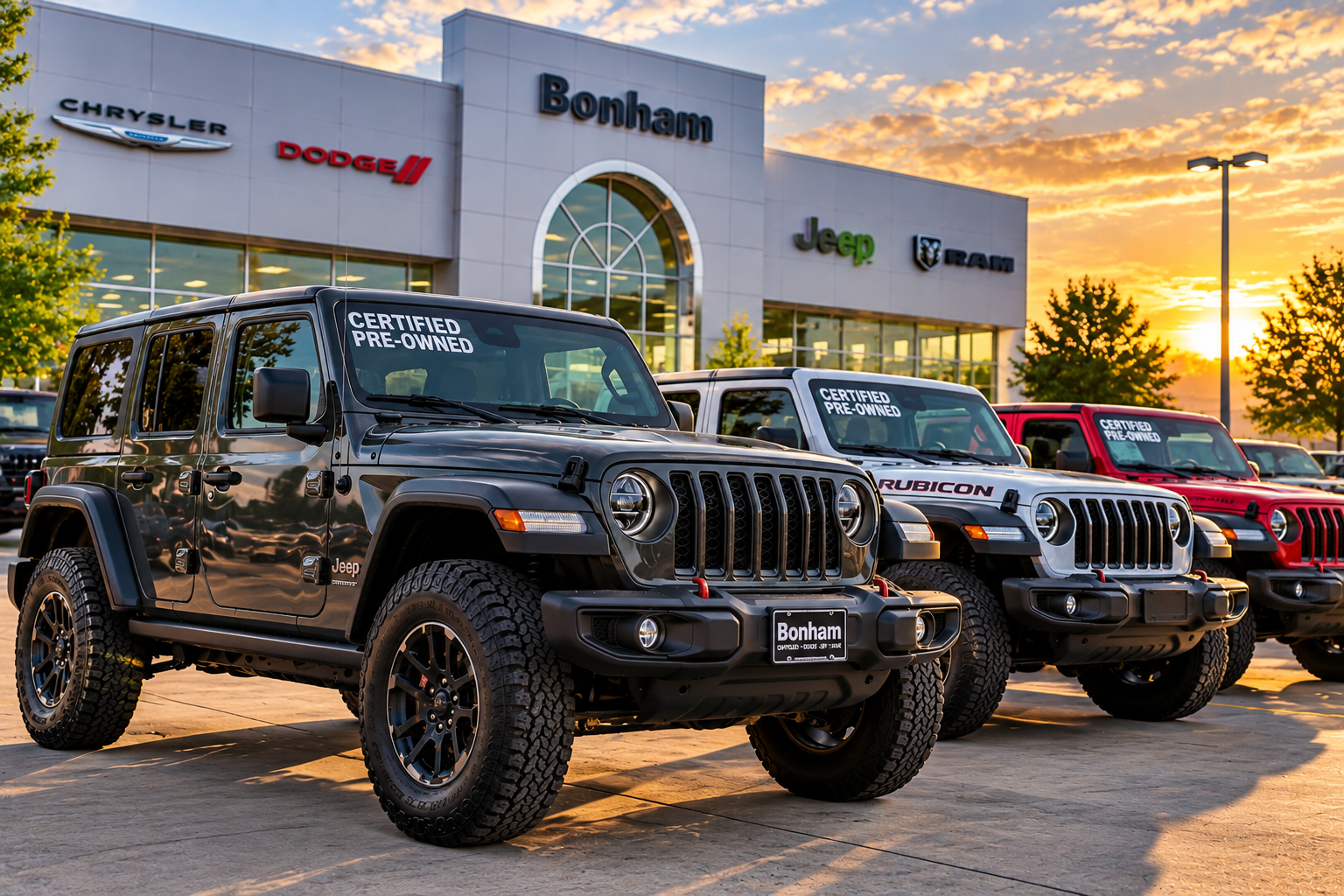 Jeep vehicles displayed at Bonham Chrysler Dodge Jeep Ram in Bonham, Texas