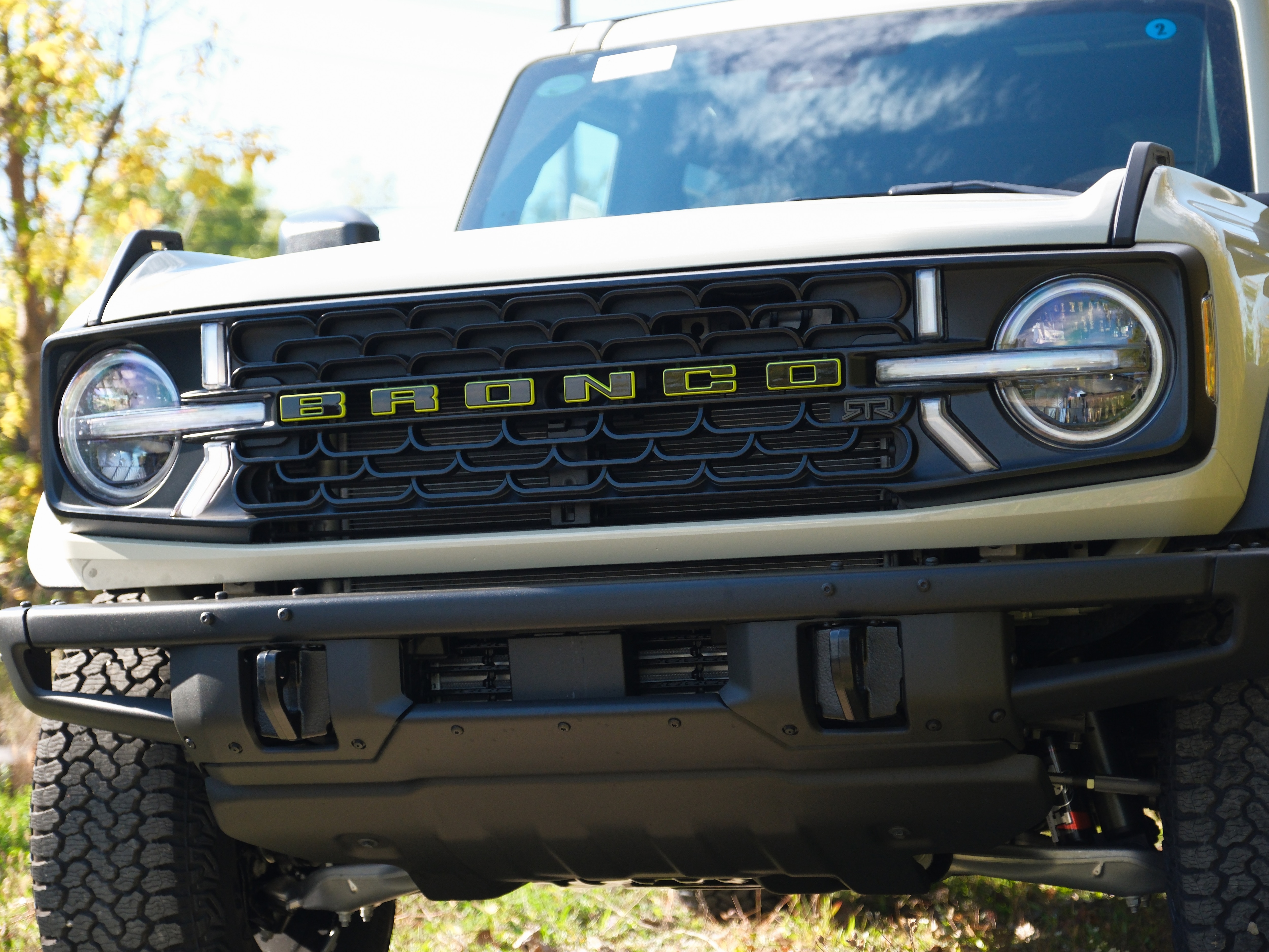 2027 Ford Bronco RTR grille close-up with Hyper Lime accents