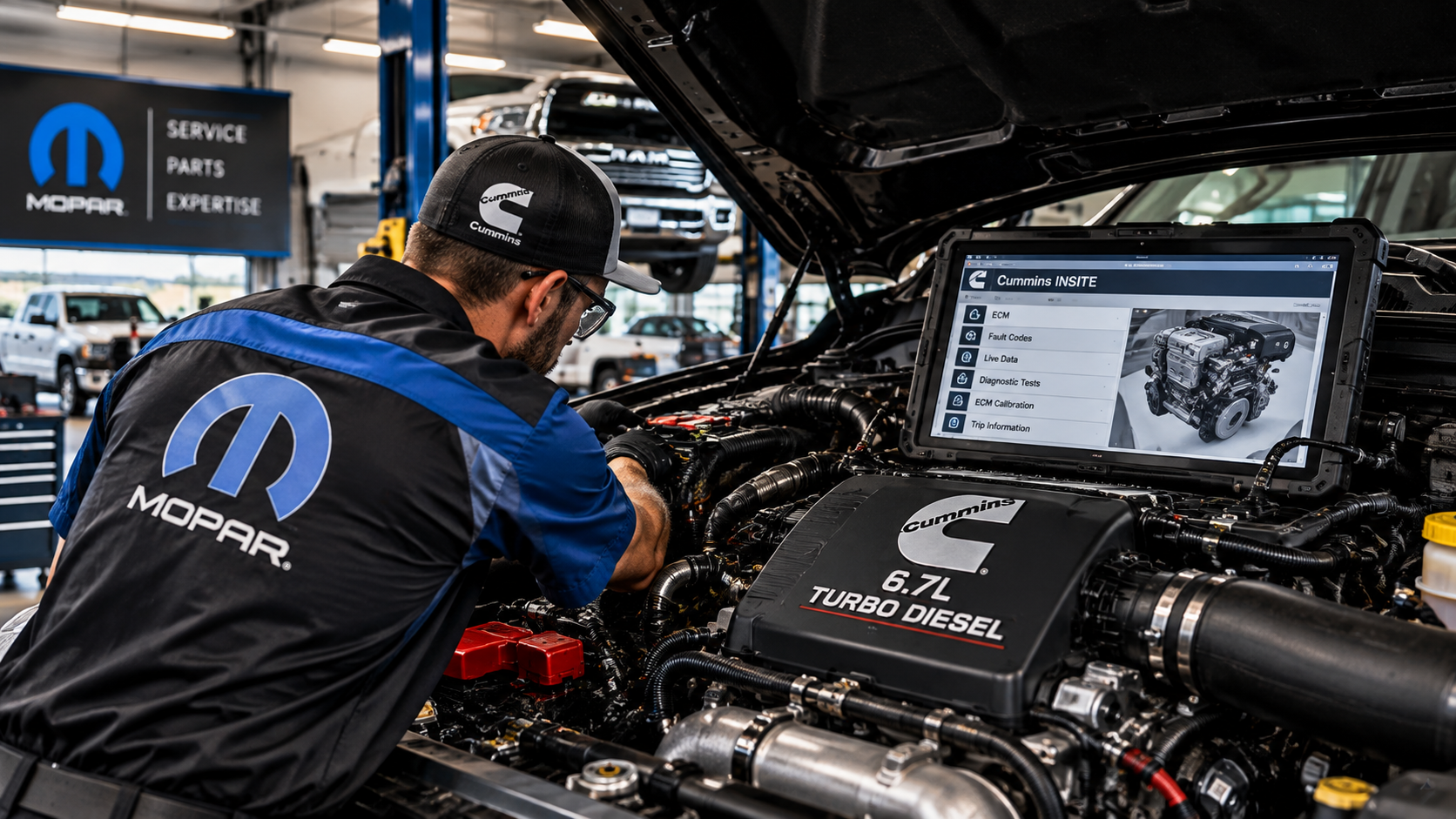 Technician diagnosing a 6.7L Cummins Turbo Diesel engine in a RAM heavy-duty truck at Bonham Chrysler