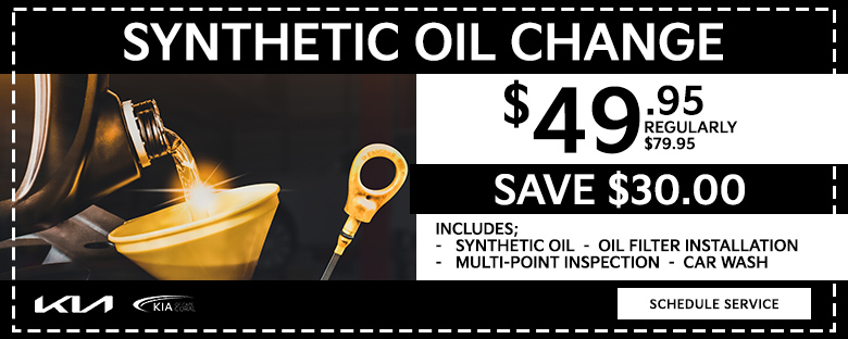 Synthetic Oil Change $49.95 Regularly $79.95 Save $30 Includes Synthetic Oil, Oil Filter Installation, Multi-Point Inspection, Car Wash