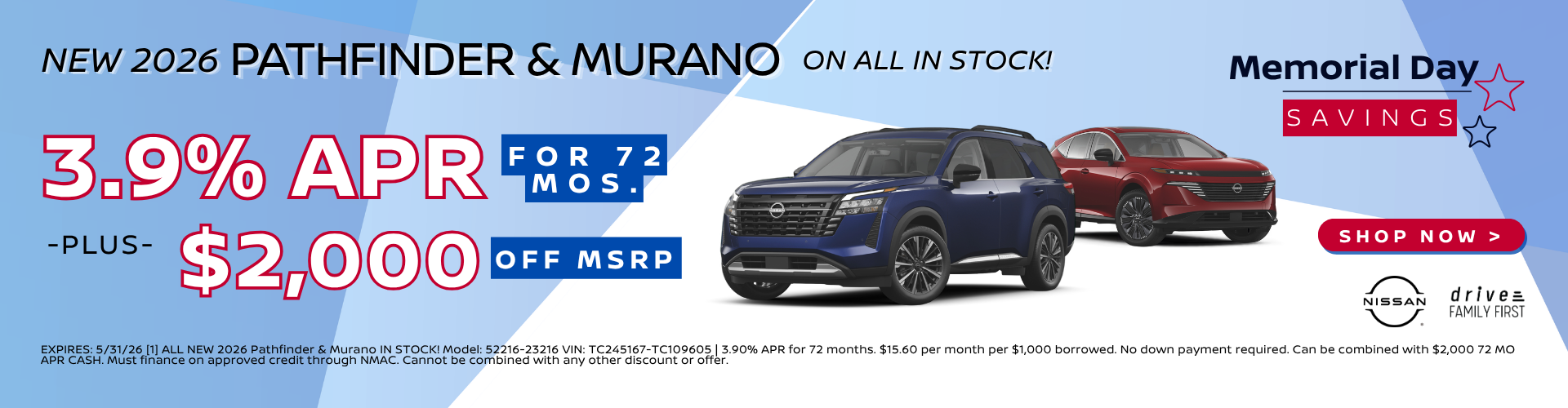 2026 Pathfinder and Murano 3.9% APR plus $2000 off MSRP