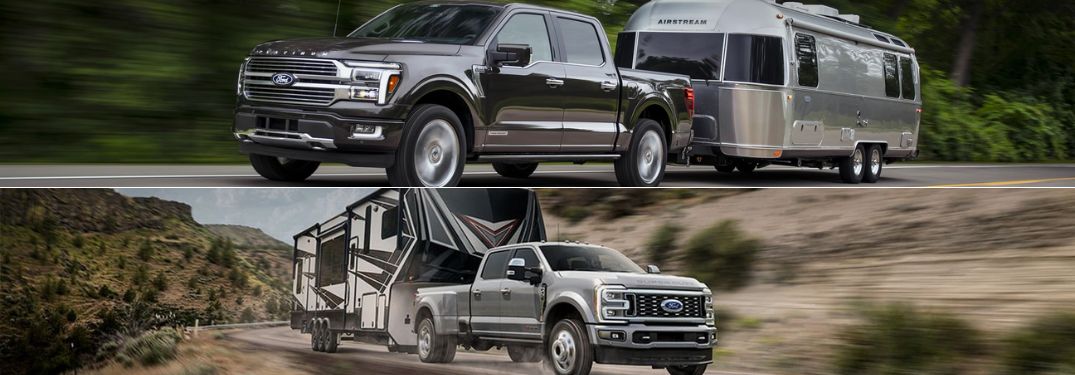 Black Ford F-150 Towing a Camper and Silver Ford Super Duty Towing a Trailer