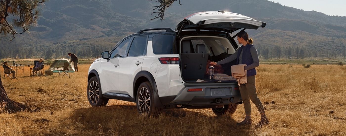 White 2026 Nissan Pathfinder on a campsite