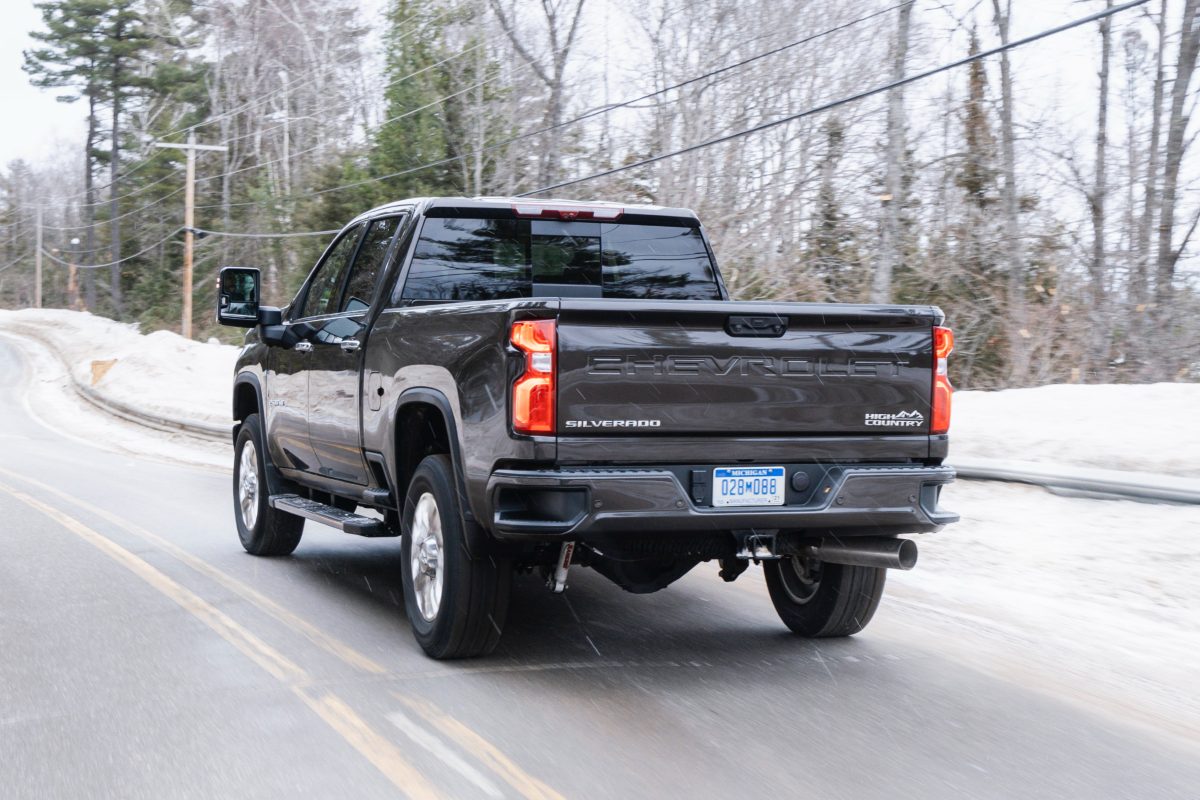 2020 Chevrolet Silverado 2500HD Exterior Driver Side Rear Angle in Winter