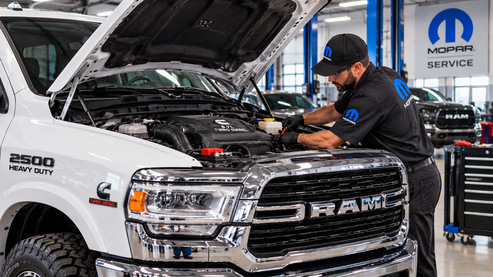 Mopar technician servicing a RAM 2500 Heavy Duty with a 6.7L Cummins Turbo Diesel engine at Bonham Chrysler in Bonham, TX