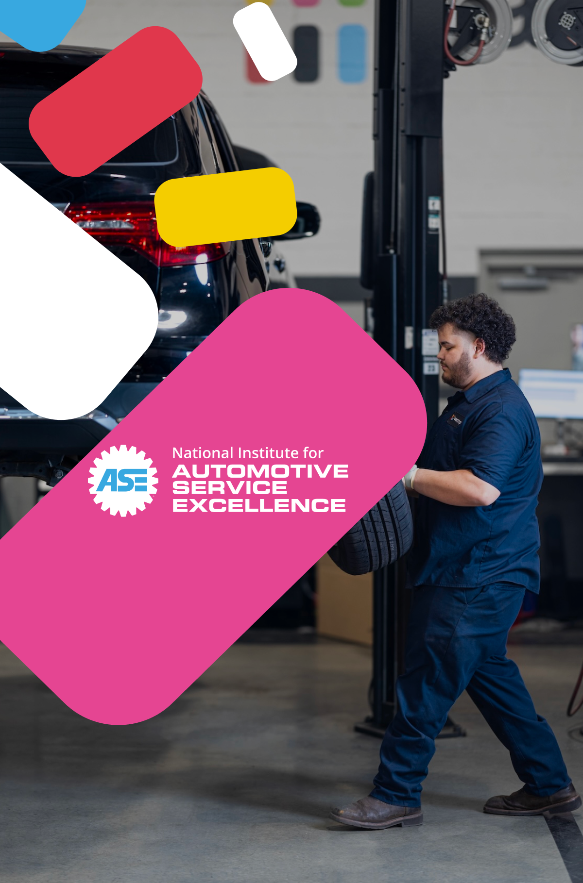 Service Technician changing tire with National Institute Automotive Service Excellence logo. 