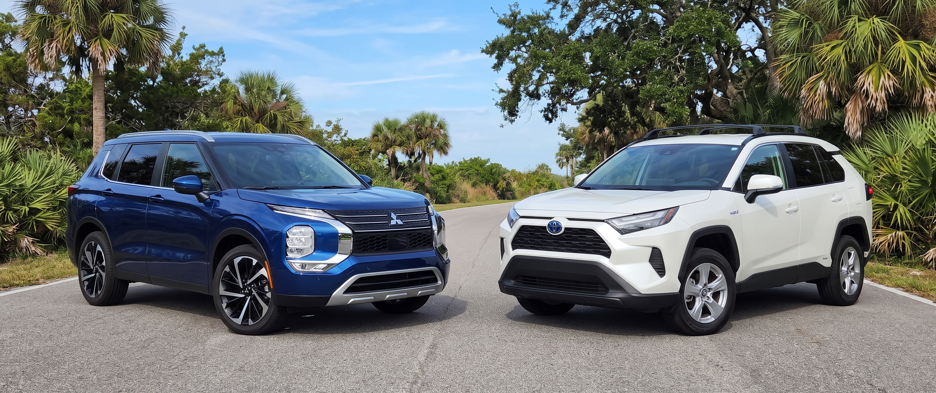 Blue Mitsubishi Outlander and white Toyota RAV4 parked side-by-side on a paved road near palm trees.