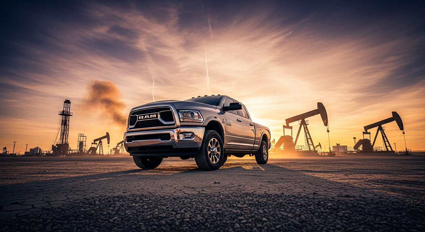Ram truck driving on a desert highway near Bakersfield, CA