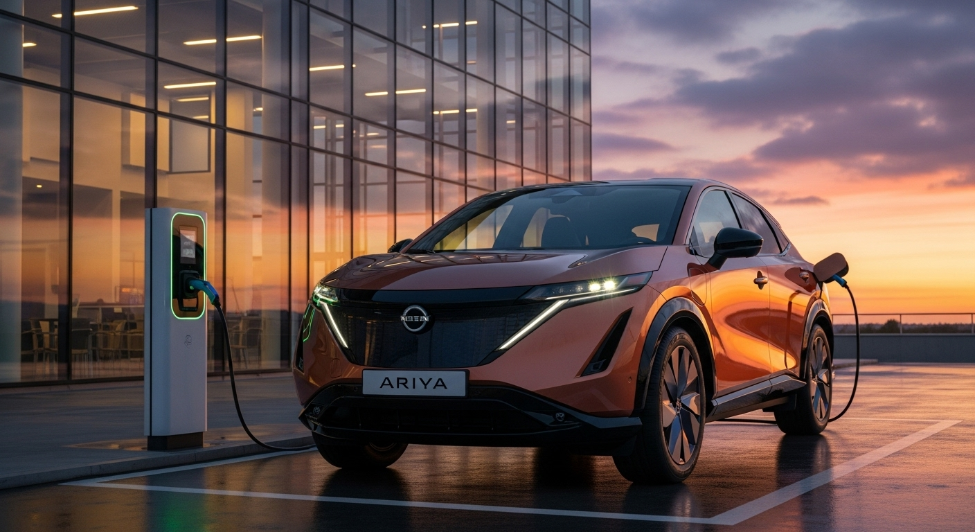 Front three-quarter view of a copper Nissan Ariya electric SUV parked at a modern DC fast-charging station outside a glass building at sunset, highlighting its aerodynamic crossover shape, LED lighting, and zero-emission capability.