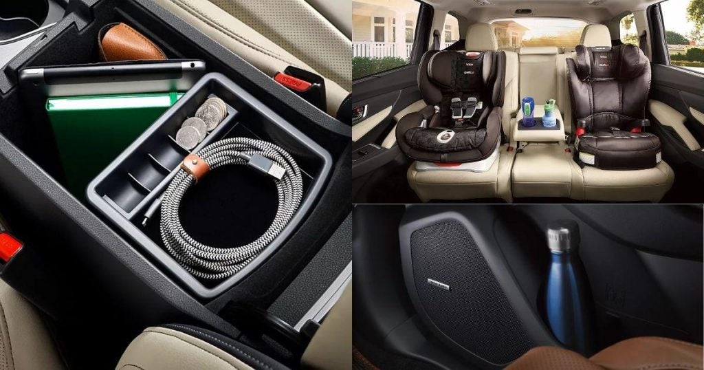 Subaru Ascent storage details: center console tray, second-row captain's chairs with child seats, and a door bottle holder