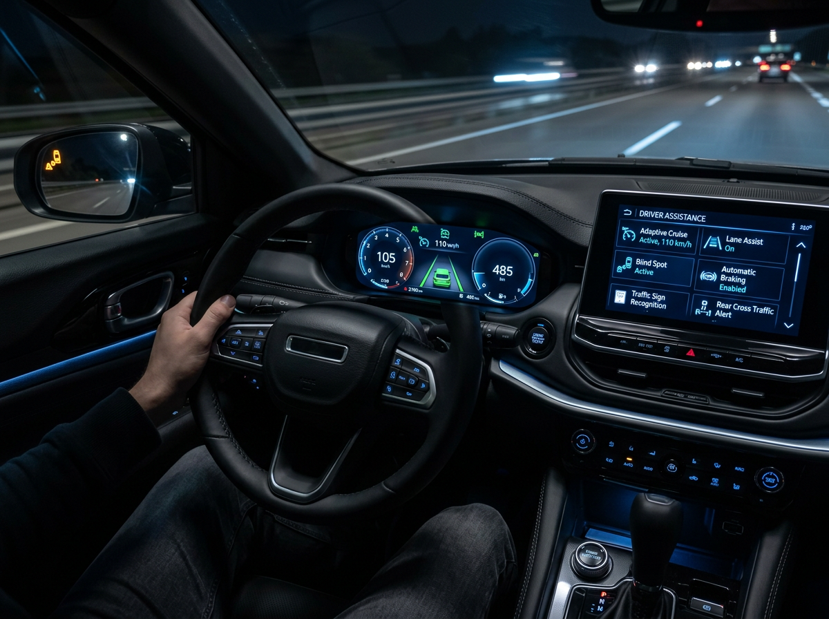 Driver-assist and safety icons on an SUV dashboard display, representing advanced safety technologies.