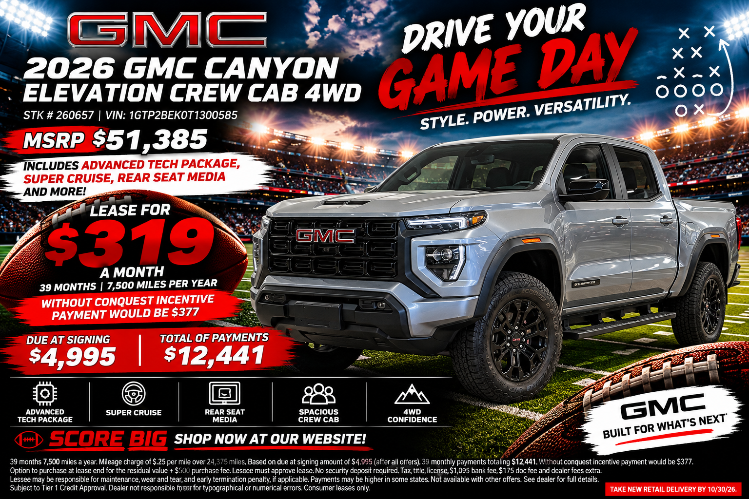 Advertisement for a red 2026 GMC Terrain Elevation AWD, stock #260560: leased for $299 a month for 36 months at 7,500 miles a year, MSRP $35,785, with rear camera mirror, fog lamps, 360 camera, rear pedestrian alert, heated seats, heated steering wheel, and remote start, no termination fee at maturity, from Van Buren GMC