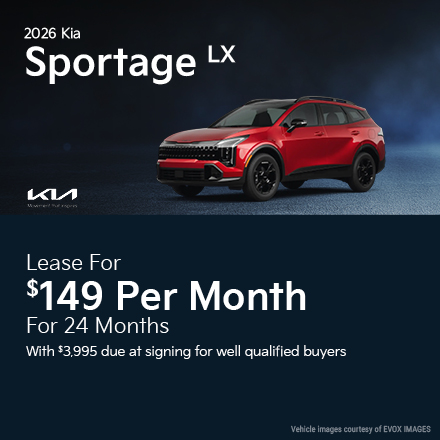2026 Kia Sportage LX  Lease for $149 per month for 24 months with $3,995 due at signing for well qualified buyers 