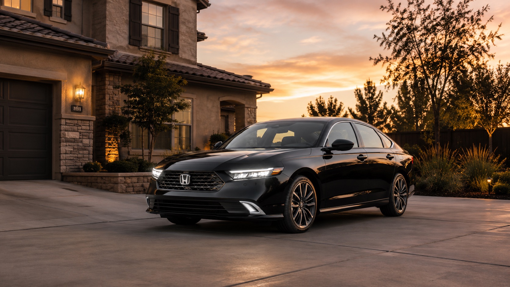 A black 2026 Honda Accord parked in a residential driveway at sunset, showcasing its refined styling and LED lighting in a warm California neighborhood setting.