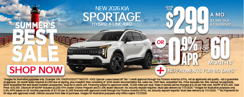 NEW 2026 Kia Sportage Hybrid X-line AWD	"LEASE FOR $299/MONTHS with $3,999 due at signing* OR 0.9% APR for 60 months** PLUS, NO PAYMENTS FOR 90 DAYS***"