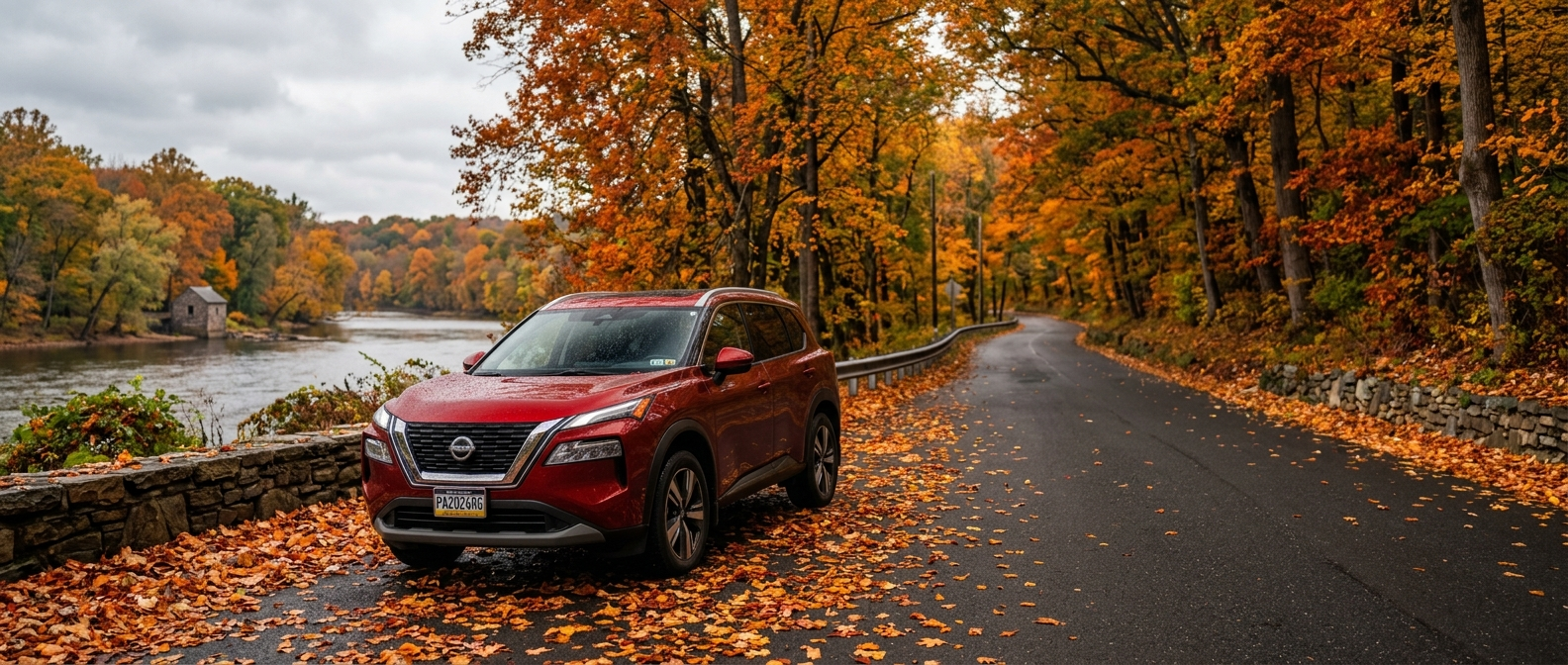 2026 Nissan Rogue on River Road PA-32 in Bucks County during fall foliage season