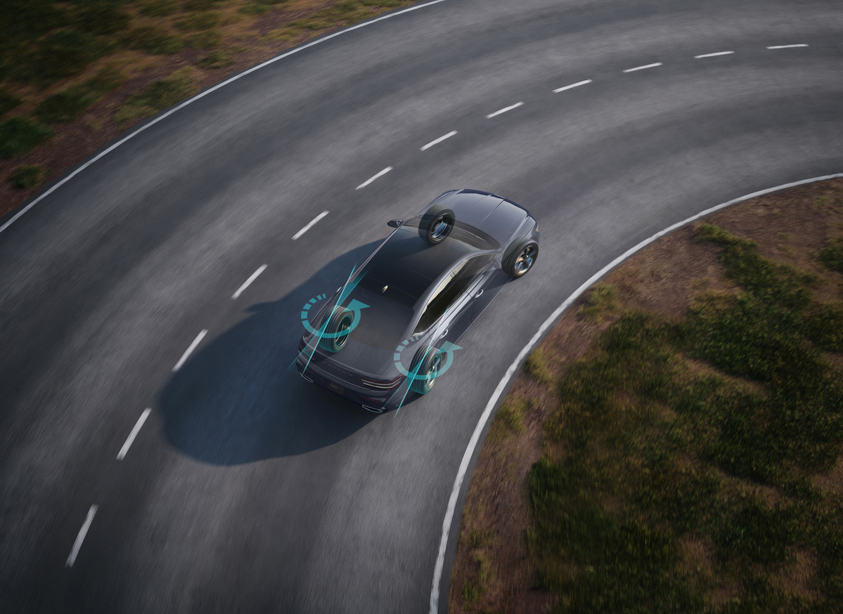 Overhead view of cross sectioned Genesis G80 driving on track, animated icons displaying drivetrain