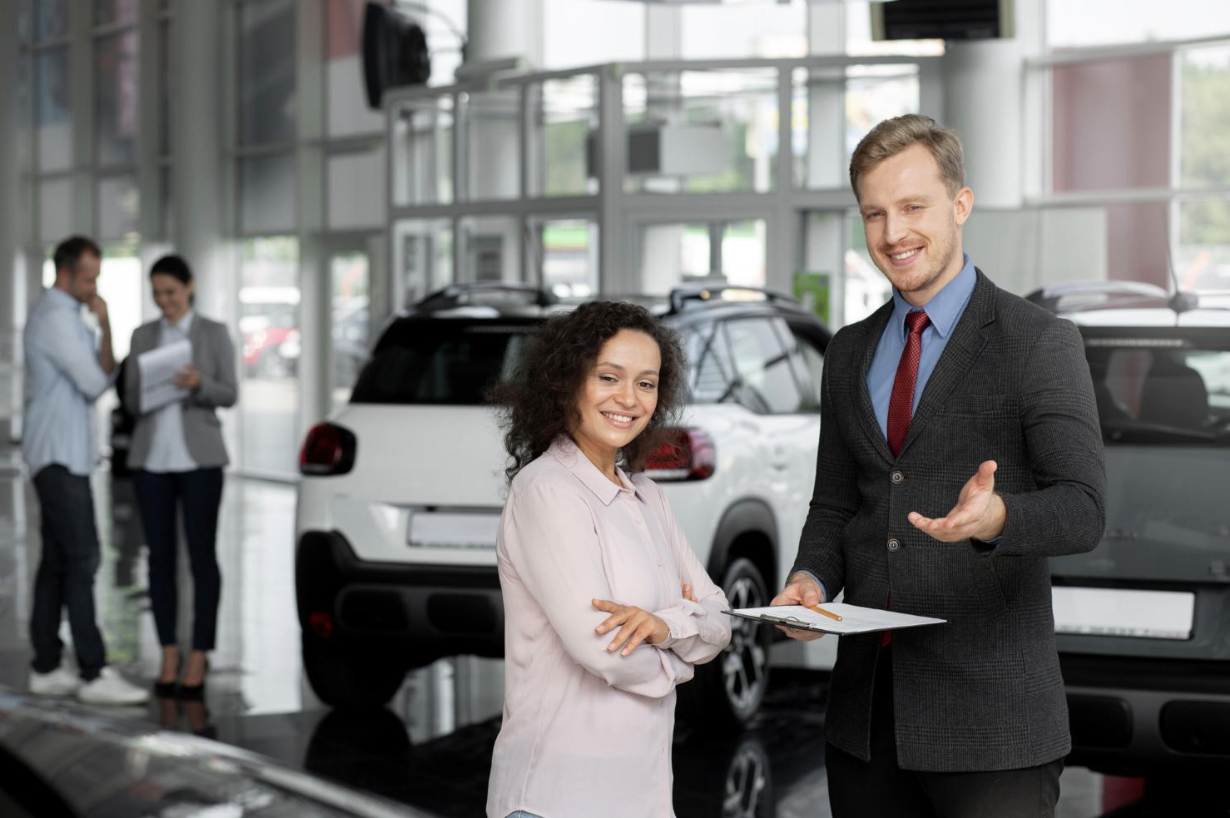 Happy customer with crossed arms and salesman in a car dealership.