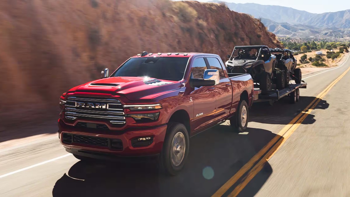 2025 RAM 2500 with Cummins Turbo Diesel Engine Exterior Driver Side Front Angle while Towing