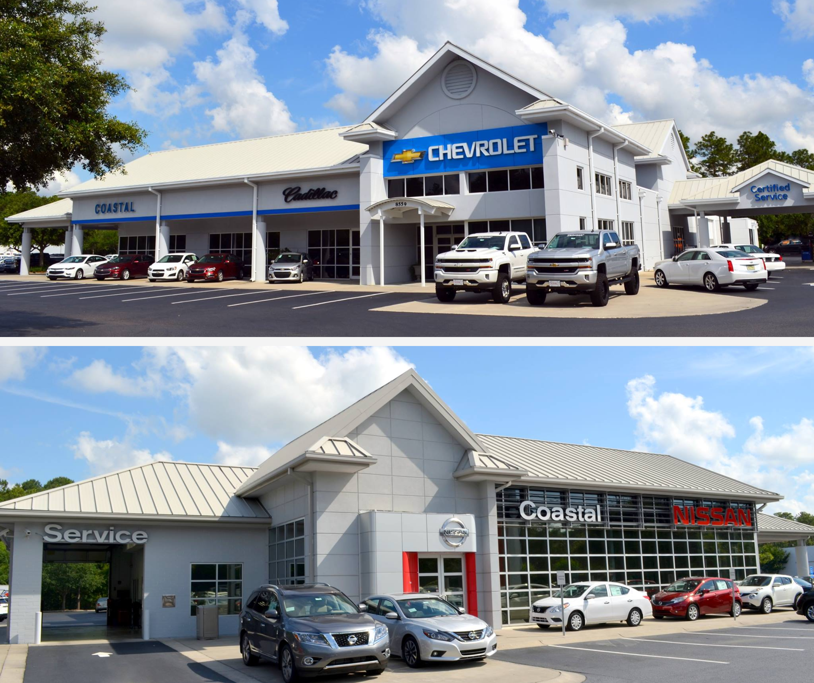 Coastal Chevrolet Cadillac showroom with new trucks out front, and the Coastal Nissan showroom and service building