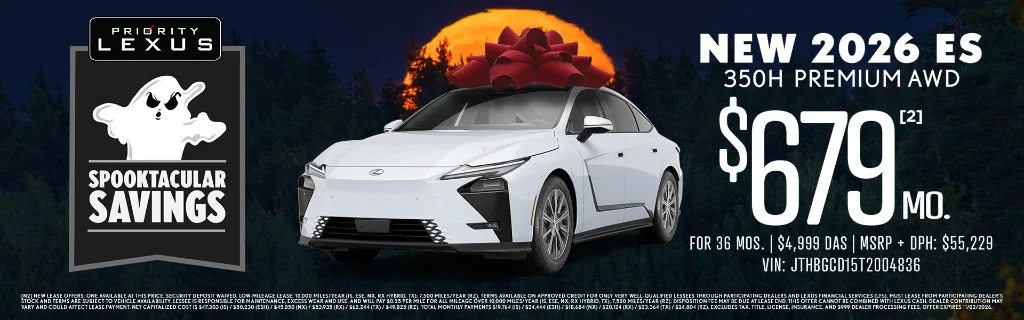 Priority Lexus Newport News Spooktacular Savings banner: white 2026 ES 350h Premium AWD with red bow and ghost badge, lease monthly offer.