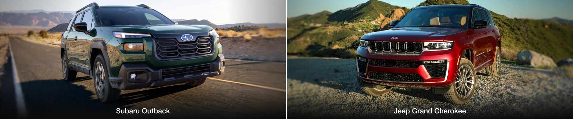 Split image showing a green Subaru Outback on a desert road and a red Jeep Grand Cherokee on a rocky landscape.