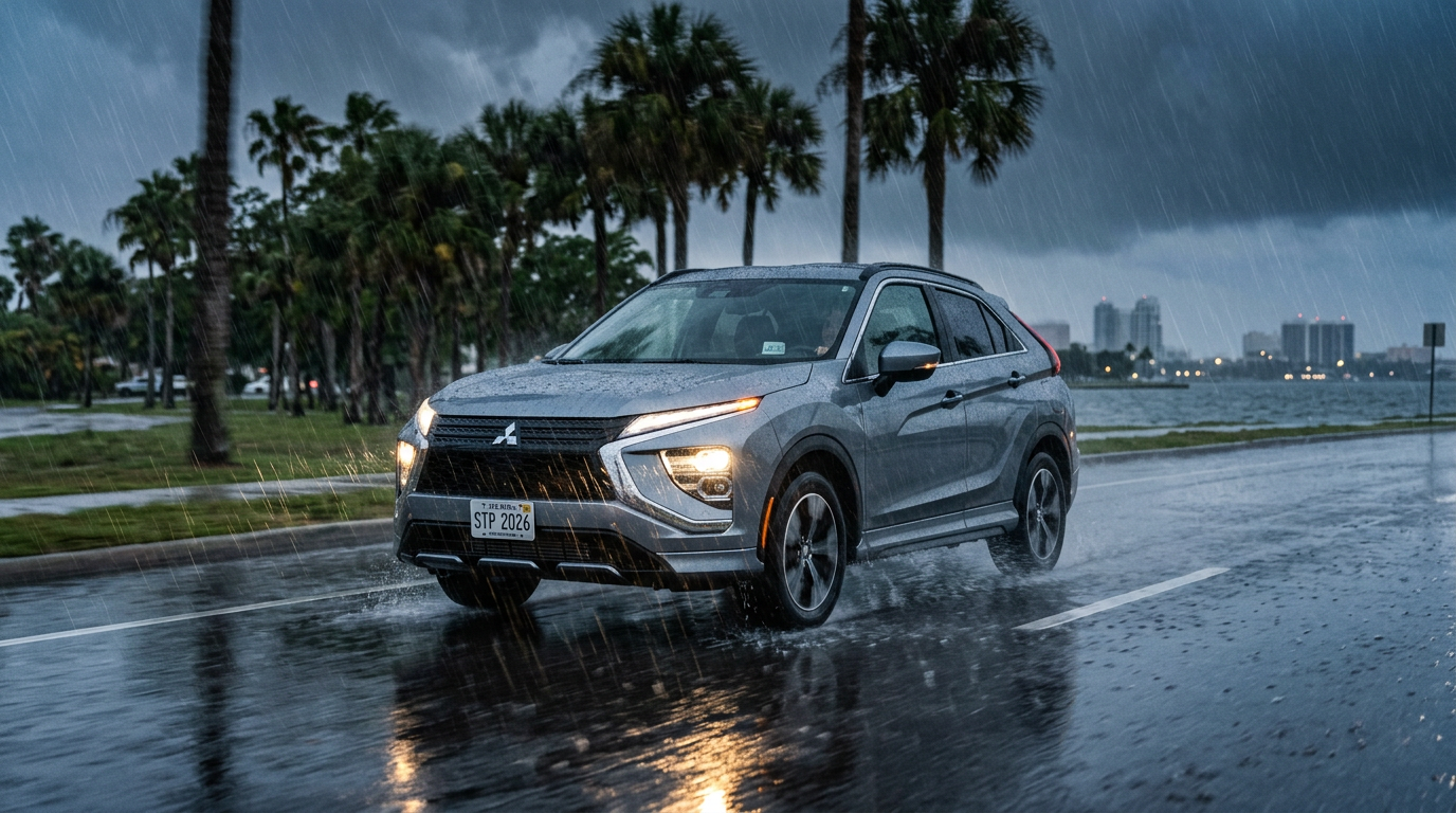 Grey Mitsubishi SUV driving on a wet coastal road during a heavy rainstorm with palm trees in the background.