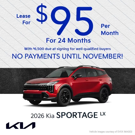 2026 Kia Sportage LX Lease for $95 per month for 24 months with $6,500 due at signing for well qualified buyers