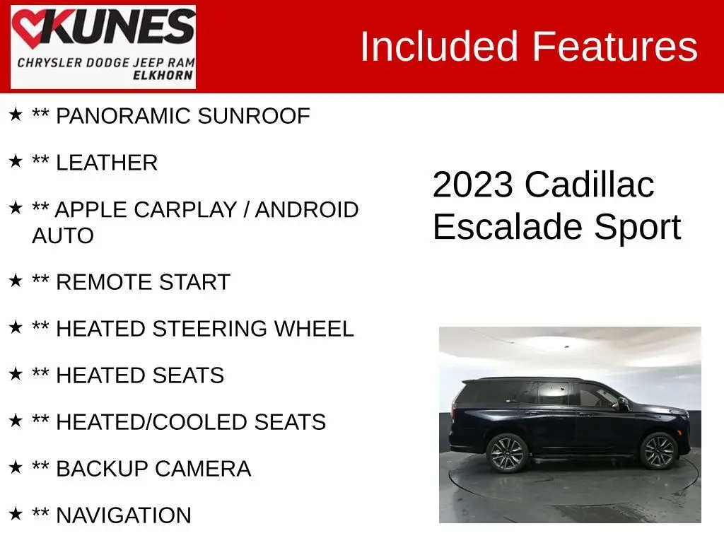 Used 2023 Cadillac Escalade Sport with VIN 1GYS4EKL7PR323429 for sale in Elkhorn, WI