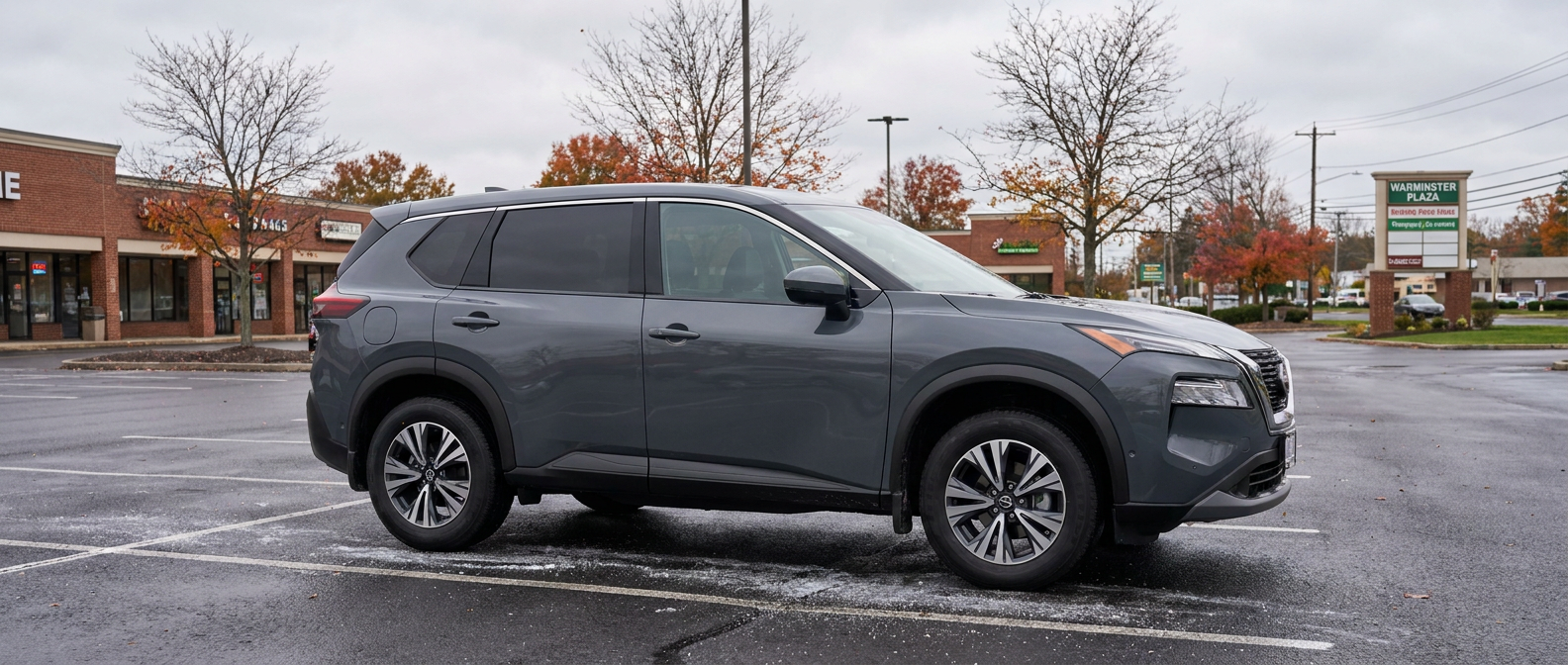 2026 Nissan Rogue parked on salt-dusted pavement in Warminster PA on an October morning