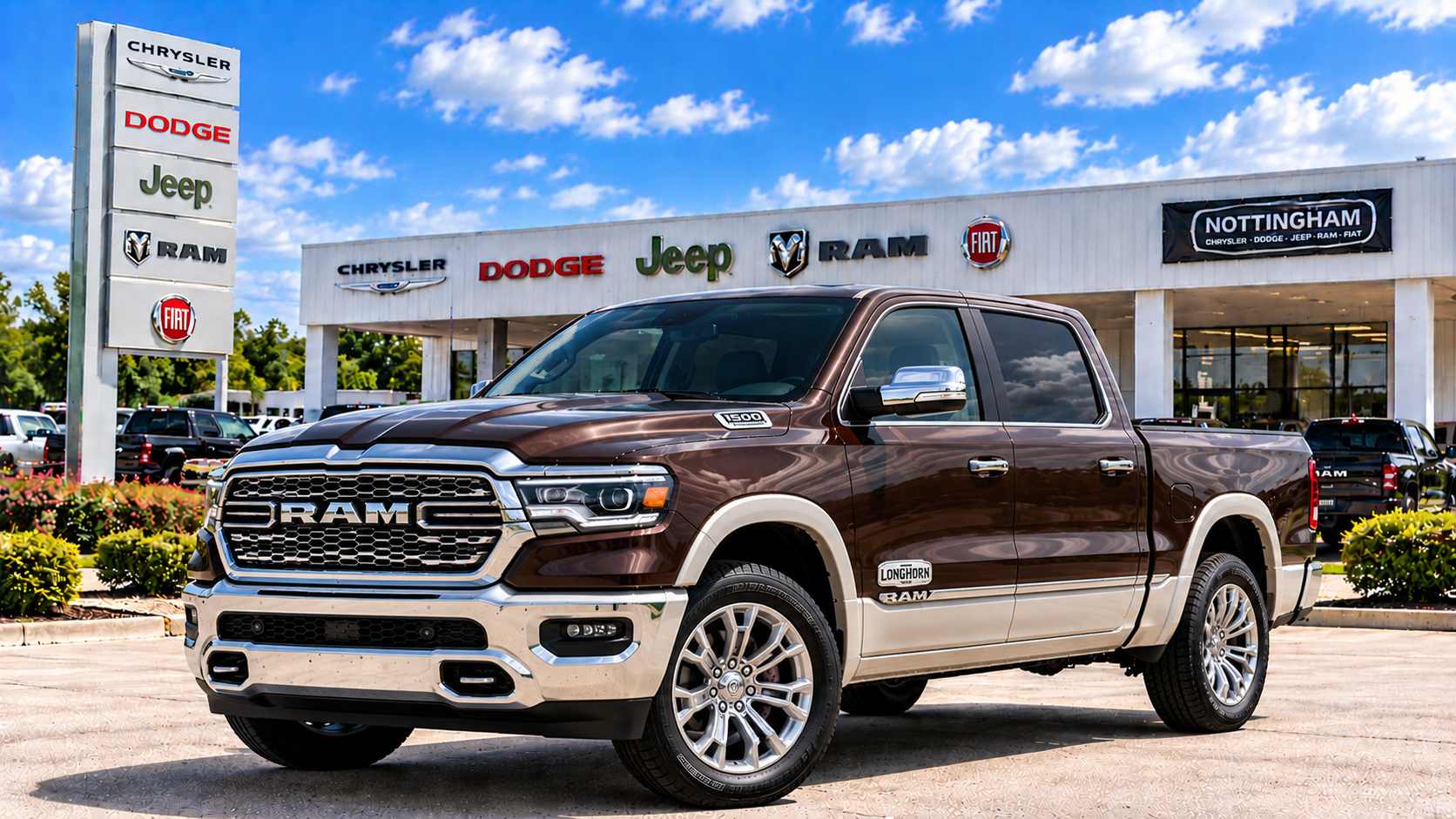 Two-tone RAM 1500 Limited Longhorn pickup truck at Bonham Chrysler in Bonham, Texas