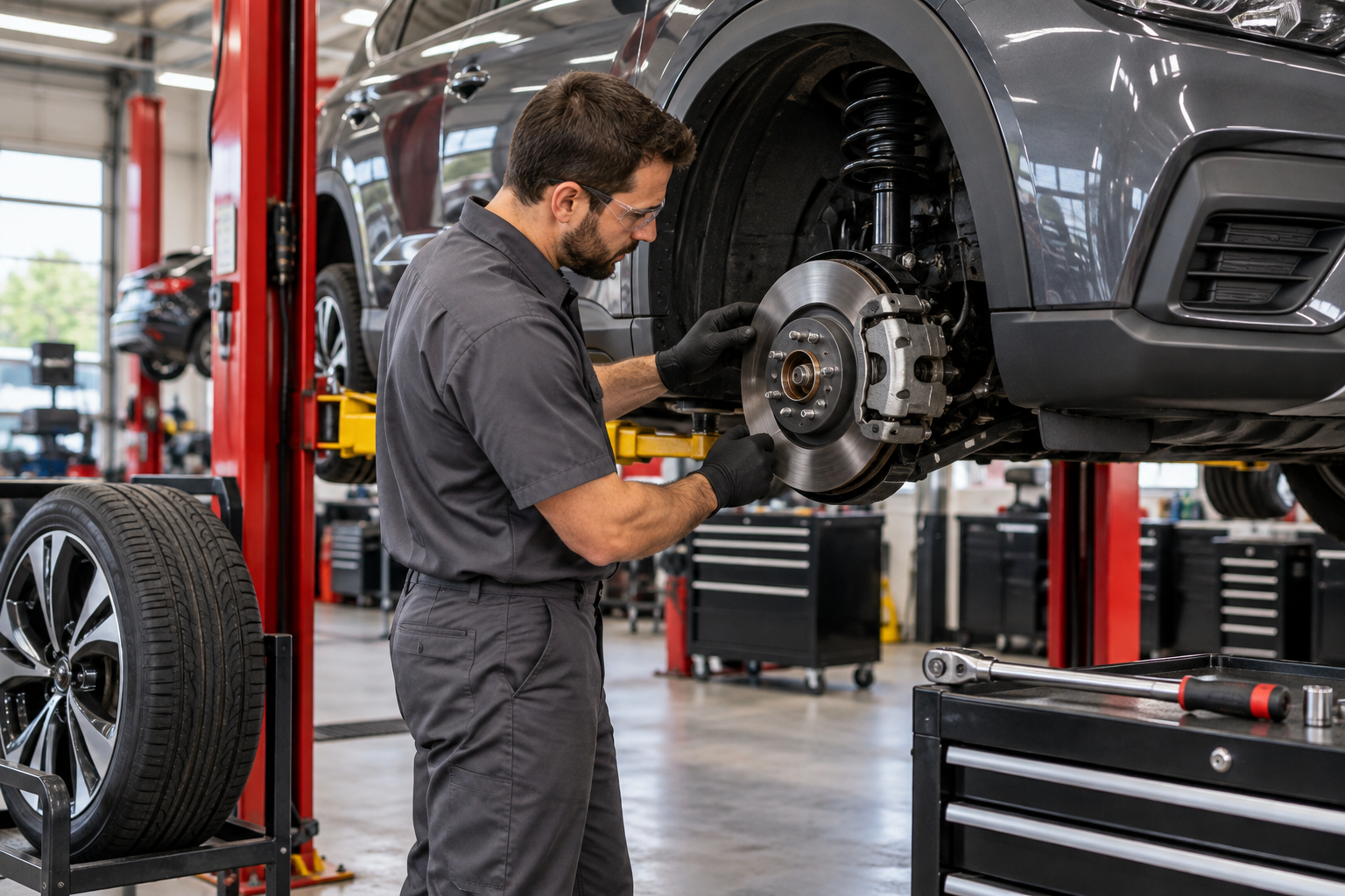 Illustration of a technician inspecting a vehicle’s brake rotor and caliper.