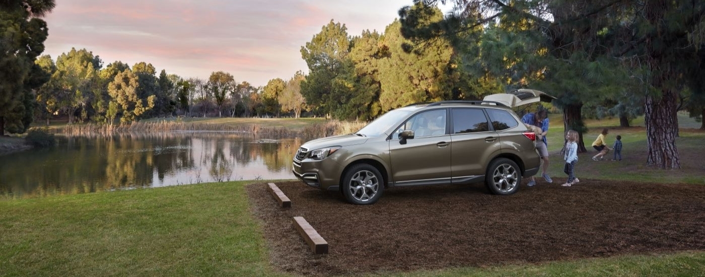 A green 2017 Subaru Forester is shown near a pond.