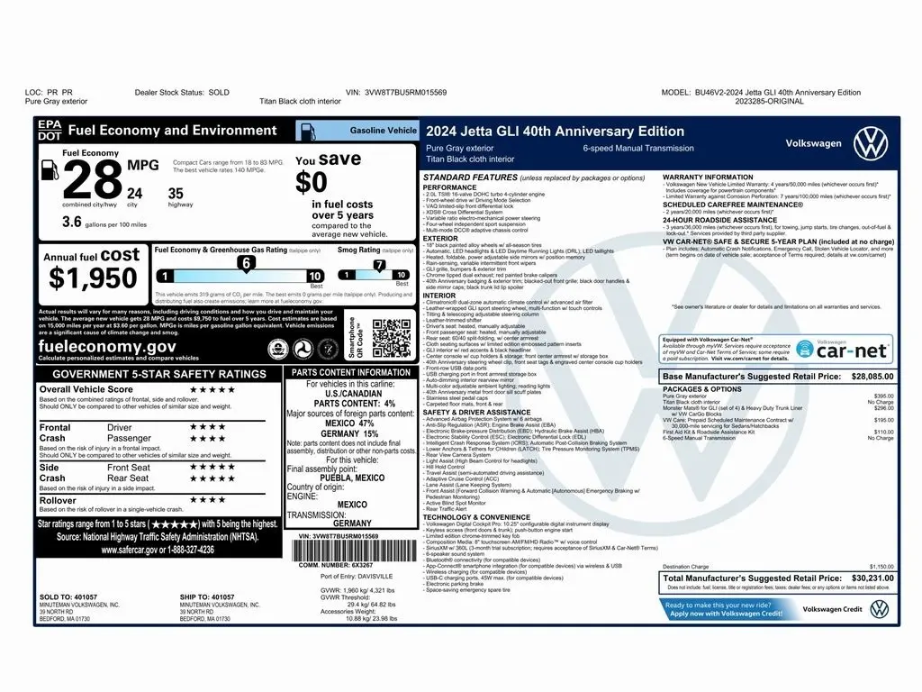 Used 2024 Volkswagen Jetta GLI 40th Anniversary Edition with VIN 3VW8T7BU5RM015569 for sale in Trooper, PA