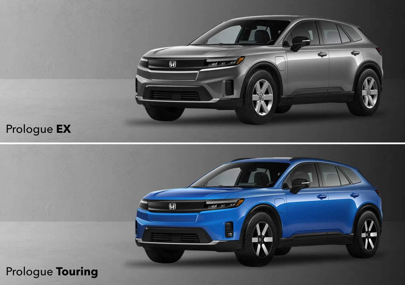 Two 2026 Honda Prologue are shown against a gray backdrop: a Prologue EX above and a Prologue Touring below, both showcasing sleek, modern designs.