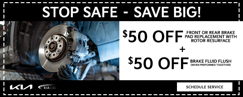 Stop Safe - Save Big! $50 Off Front Or Rear Brake Pad Replacement With Rotor Surface + $50 Off Brake Fluid Flush When Performed Together